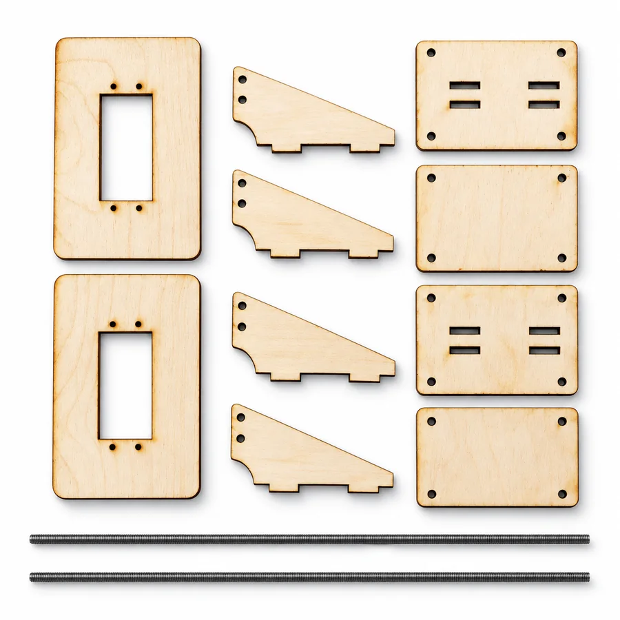 The kit laid out on white: two servo mounting plates with their cut-outs, four horn plates, four base plates, and two threaded pushrods
