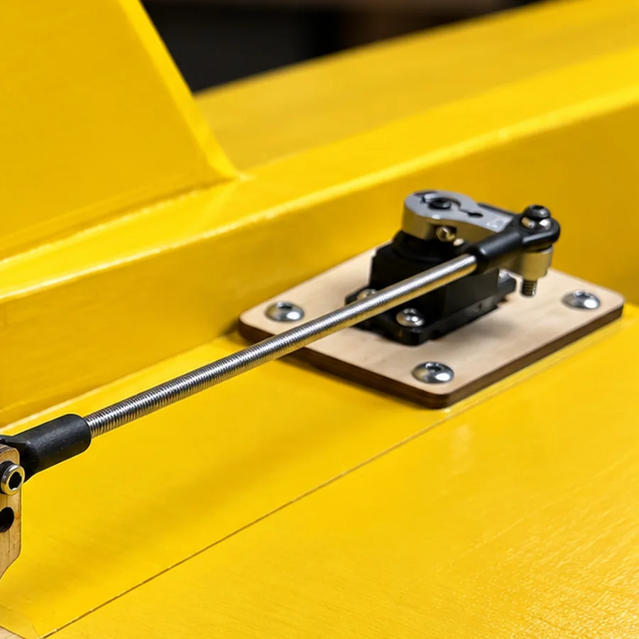 The servo on its laser-cut plywood mounting plate, screwed down through four corner holes, with the pushrod leaving the servo arm