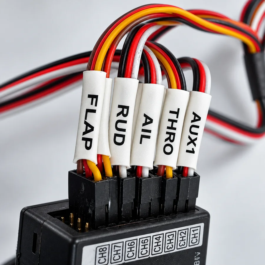Five labelled servo leads, FLAP, RUD, AIL, THRO and AUX1, plugged into a receiver