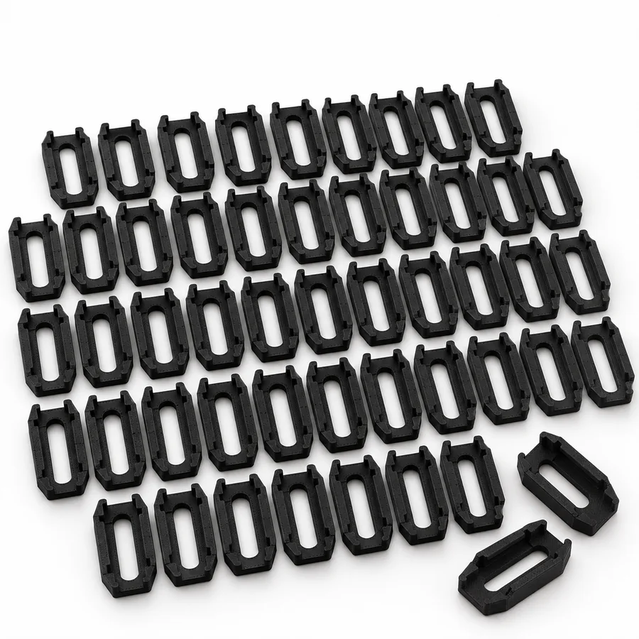 Fifty black servo connector safety locks laid out in rows on white
