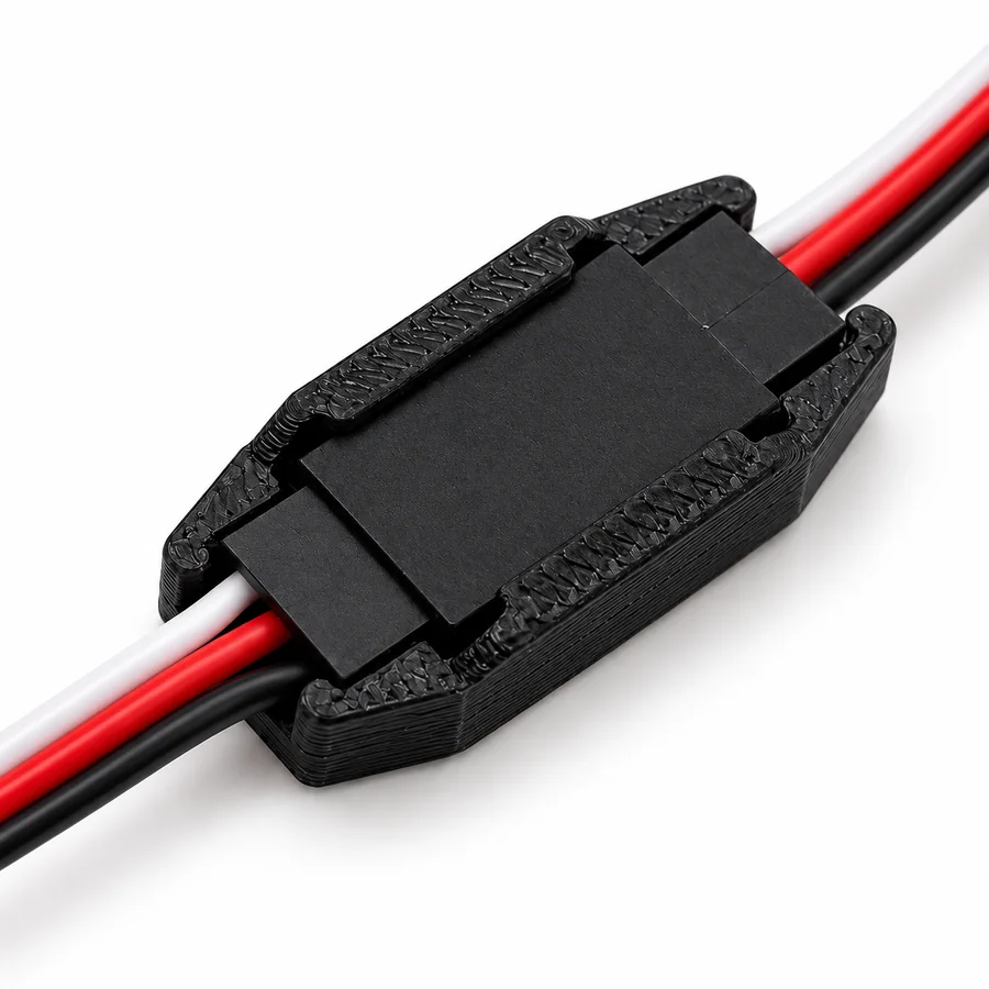 Close-up of a safety lock seated around the joint between two mated servo connectors