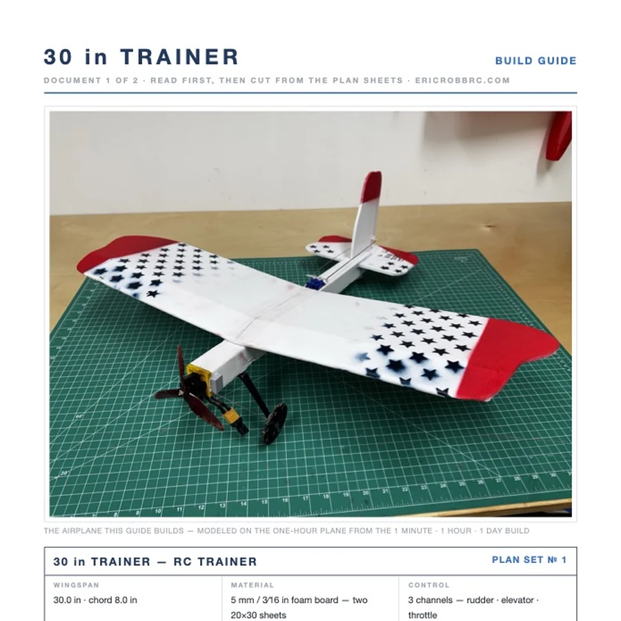 The finished ER Sparrow Mk II 30-inch foam-board trainer on a cutting mat, from the cover of its build guide