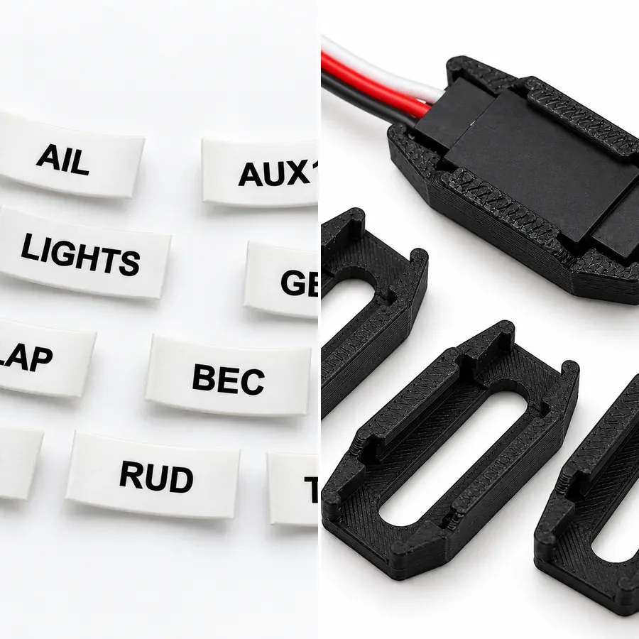 Side by side: assorted heat-shrink servo lead labels, and connector safety locks with one installed on a servo connection