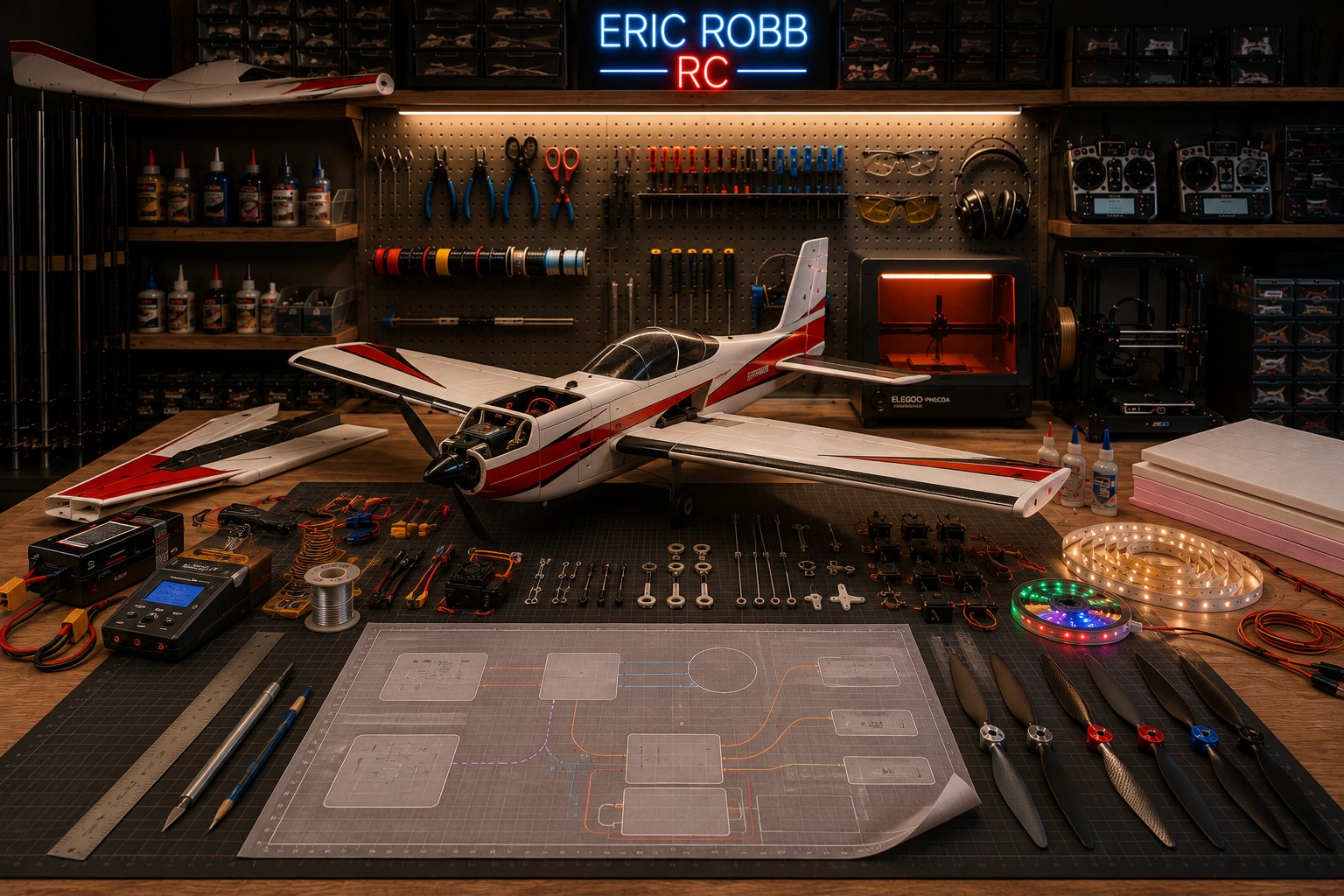Eric Robb's RC workbench: airplanes, tools, glue, foam board, propellers, an LED strip and radios, with a printed wiring map showing battery, ESC, motor, receiver, transmitter and servos.